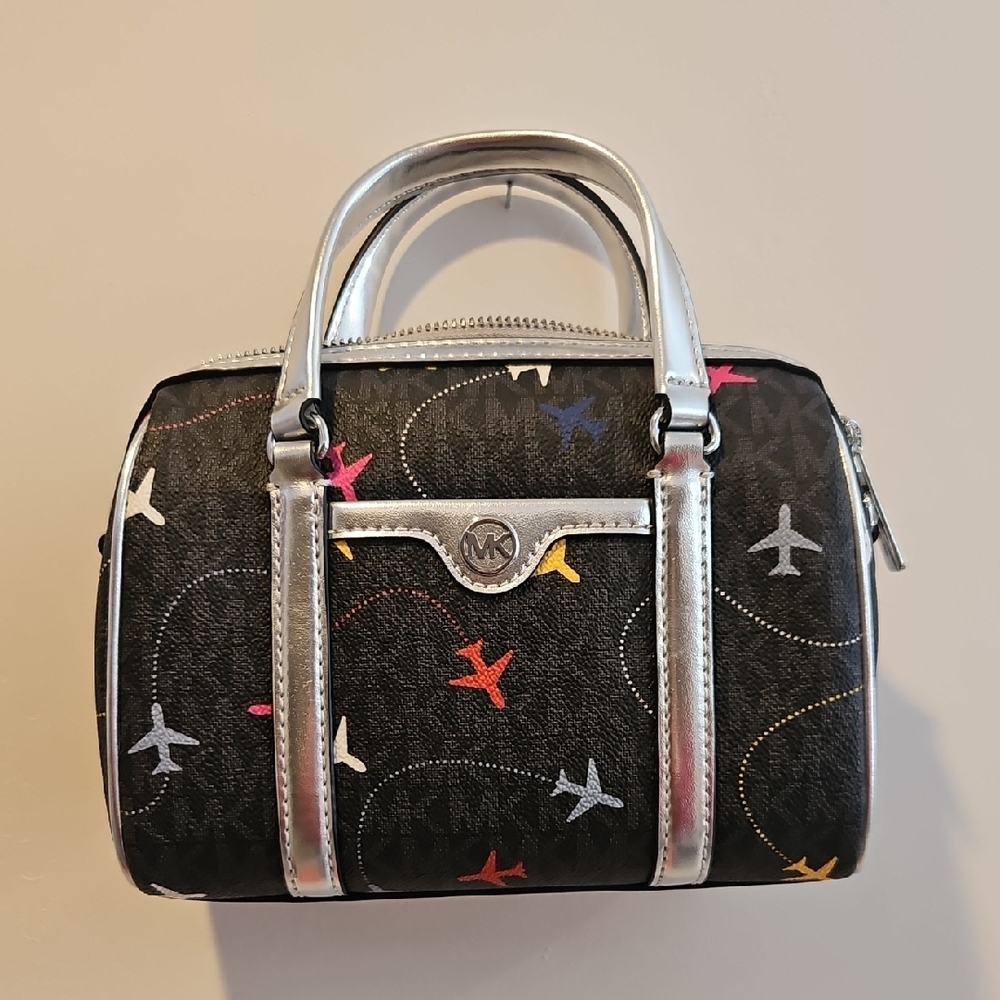 Michael Kors Black Satchel with Multicolor Airplane Motif With Crossbody Strap